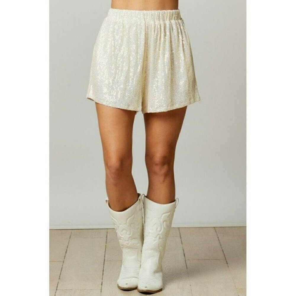 Making a Statement Sequin Sparkle Shorts in Pearl - Picture 2 of 10